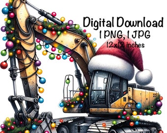 Frohe Weihnachten Bagger PNG Aquarell Baustellen LKW Jungen Clipart Weihnachts Bagger LKW PNG Kommerzielle Nutzung Fahrzeug Autos Sublimation