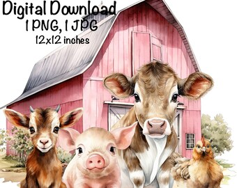 Farm Sublimation png, Cow Pig Goat Chicken Pink Barn PNG, Farmhouse png, Barnyard Sublimation, Digital Download, Goat Sublimation, Farm Life