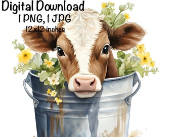 Hereford Cow Sublimation PNG Clipart, Cute Farm Cow in Bucket Spring Flowers PNG Commercial Use, Farm Life Cow Sublimation, Cattle Cow PNG