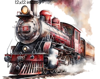 Steam Train Watercolor, Locomotive Train Boys Clipart Nursery Décor Tracks Red Train PNG Commercial Use Train Driver Watercolor Illustration