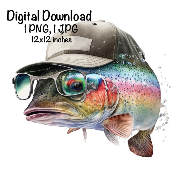 Funny Rainbow Trout Fish Watercolor Saltwater Fish Clipart Trout Fish Sunglasses Baseball Hat PNG Commercial Use Ocean Fishing Season PNG