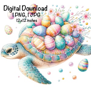 May include: A watercolor painting of a sea turtle carrying a pile of colorful Easter eggs on its back. The turtle is surrounded by smaller, scattered eggs. The eggs are decorated with various patterns and colors, including pink, blue, yellow, and green.