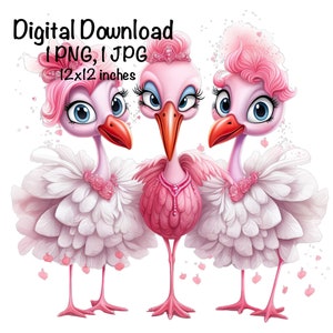 May include: Three pink cartoon ostriches with white feathers and pink bows. The ostriches are wearing pink dresses with white ruffles. The ostriches are standing on a white background.