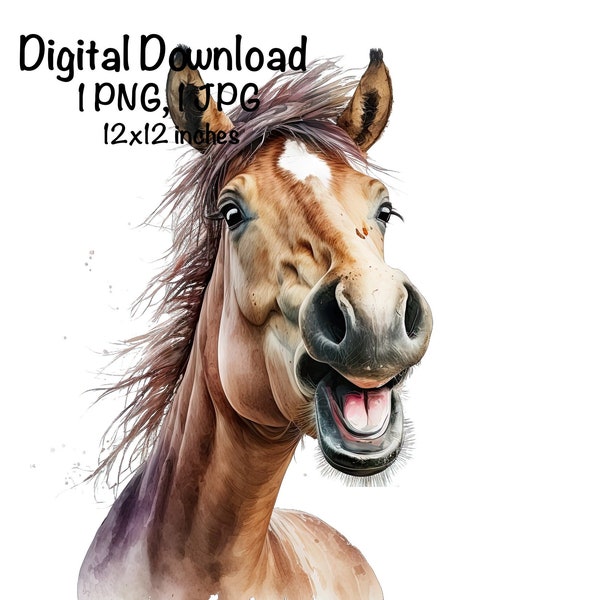 Funny Horse Watercolor Clipart Cute Horse Neigh Horse Riding PNG Commercial Use Funny Horse Face Graphic Design Illustration Print Horse PNG