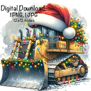 Merry Christmas Bulldozer PNG aquarel mijnbouw vrachtwagen jongens clipart kerstman mijnbouw bulldozer PNG commercieel gebruik voertuig grote vrachtwagen auto's sublimatie