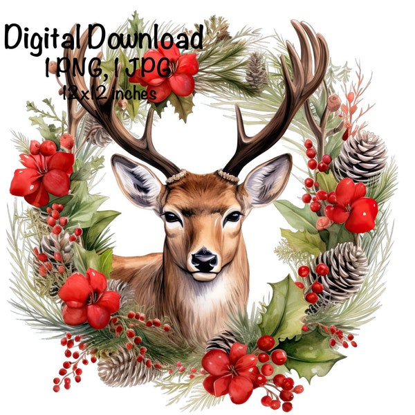 Christmas Deer PNG Christmas Wreath Deer Sublimation Holiday PNG Christmas Gifts Hunting Christmas Graphic XMas PNG Illustration Deer Print