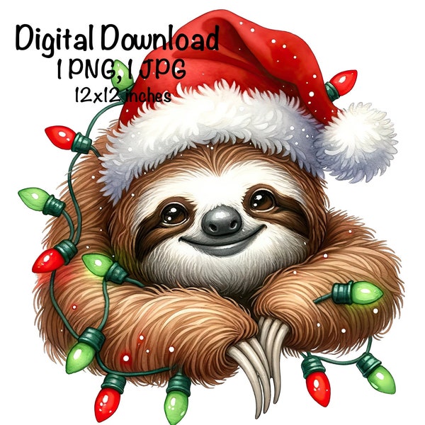 Christmas Sloth PNG Sloth Christmas Lights Clipart Winter Sloth Christmas Holiday PNG Xmas Sloth Safari Sloth Graphic XMas Santa Hat Sloth