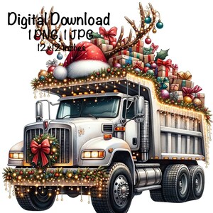 Feliz Natal Caminhão Basculante PNG Aquarela Caminhão De Construção Meninos Clipart Santa Dump Truck PNG Rena Caminhão Veículo Carros Caminhão Sublimação