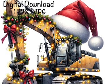 Frohe Weihnachten Bagger PNG Aquarell Baustellen LKW Jungen Clipart Weihnachts Bagger LKW PNG Kommerzielle Nutzung Fahrzeug Autos Sublimation