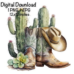 Cowboy Boots & Hat Watercolor, Country Cowboy Clipart PNG Commercial Use Sublimation Designs Country Boy Watercolor Illustration PNG, JPG