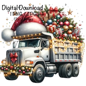 Feliz Natal Caminhão Basculante PNG Aquarela Caminhão de Construção Meninos Clipart Santa Dump Truck PNG Uso Comercial Veículo Carros Caminhão Sublimação
