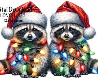 Racoons PNG Clipart Funny Christmas Lights Raccoon Sublimation Commercial Use Santa Racoon Happy Holiday Christmas XMas Funny Animal Png