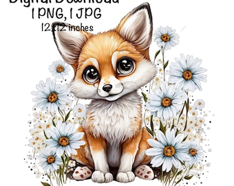 Fox, Cute Fox clipart, Forest Animals Fox PNG, Fox and Daisy Flowers Sublimation Fox Printable Fox Instant Download Commercial Use Fox PNG