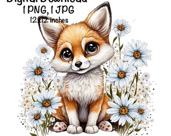 Fox, Cute Fox clipart, Forest Animals Fox PNG, Fox and Daisy Flowers Sublimation Fox Printable Fox Instant Download Commercial Use Fox PNG