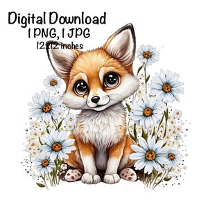 Fox, Cute Fox clipart, Forest Animals Fox PNG, Fox and Daisy Flowers Sublimation Fox Printable Fox Instant Download Commercial Use Fox PNG