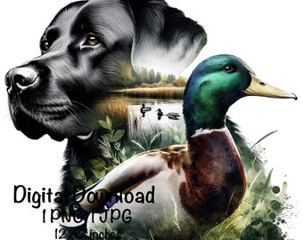 May include: A black Labrador Retriever dog with a green and brown mallard duck superimposed over the dog's body. The background is a watercolor painting of a lake with trees and reeds.