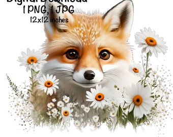 Fox, Cute Fox clipart, Forest Animals Fox PNG, Fox and Daisy Flowers Sublimation Fox Printable Fox Instant Download Commercial Use Fox PNG