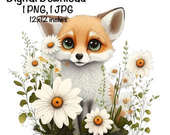 Fox, Cute Fox clipart, Forest Animals Fox PNG, Fox and Daisy Flowers Sublimation Fox Printable Fox Instant Download Commercial Use Fox PNG
