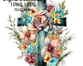 Ostern Kreuz Aquarell Blumen Kreuz Clipart Ostern Sublimation Design PNG Kommerzielle Nutzung Bibel Vers Blumen Jesus Ostern PNG Illustration