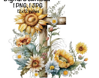 Sunflowers Cross Watercolor Floral Cross Clipart Easter Sublimation Design Commercial Use Bible Verse Flowers Cross Easter PNG Illustration
