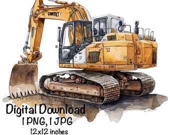 May include: A watercolor illustration of a yellow excavator with a black cab and a brown track. The excavator is on a dirt background with a white background.