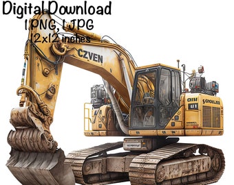 May include: A yellow excavator with a large metal bucket, the excavator is on tracks and has the text "CZVEN" and "5 GROILLTII" on the side.