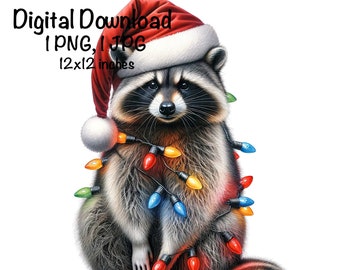 Racoon PNG Clipart Funny Christmas Lights Raccoon Sublimation Commercial Use Santa Racoon Happy Holiday Christmas XMas Funny Animal Png