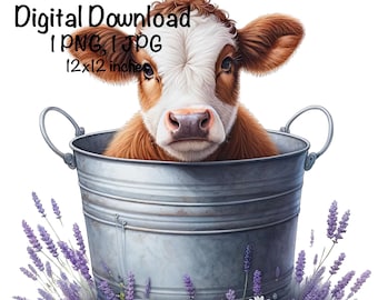Hereford Cow Sublimation PNG Clipart, Cute Farm Cow in Bucket Spring Flowers PNG Commercial Use, Farm Life Cow Sublimation, Cattle Cow PNG