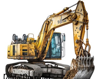 May include: A yellow excavator with a large metal bucket. The excavator is on a white background.