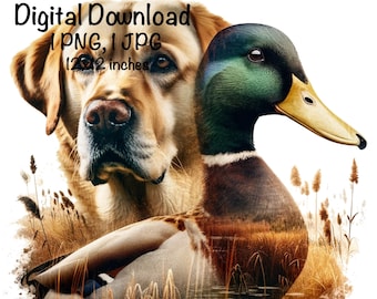 May include: A digital download of a 12x12 inch image featuring a golden retriever and a mallard duck in a field of tall grass. The image is available in PNG and JPG formats.
