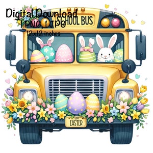 Puede incluir: Un autobús escolar amarillo decorado para Pascua con un conejo en el asiento del conductor y huevos de Pascua coloridos en las ventanas. El autobús está decorado con flores y un cartel que dice "Feliz Pascua".