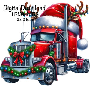 Merry Christmas oplegger vrachtwagen PNG aquarel semi vrachtwagen jongens clipart kerstman grote rode vrachtwagen rendieren vrachtwagen voertuig auto's vrachtwagen sublimatie