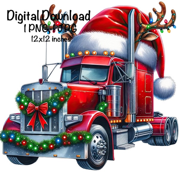 Frohe Weihnachten Semi Anhänger LKW PNG Aquarell Semi LKW Jungen Clipart Santa Big Red Truck Rentier LKW Fahrzeug Autos LKW Sublimation