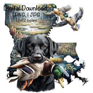 Louisiana Duck Jagdhund PNG Schwarzer Labrador Retriever Hund LA Map Jagd Sublimation Stockente Duck Sublimation Kommerzielle Nutzung Entenjäger