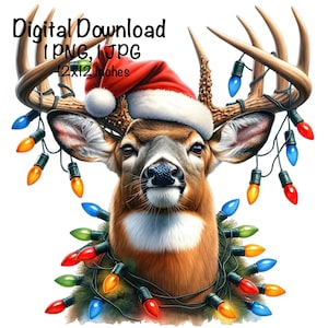 May include: A digital download of a Christmas-themed image featuring a deer wearing a Santa hat and surrounded by colorful Christmas lights. The image is 12x12 inches.