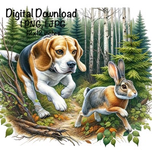 May include: A beagle dog with brown and white fur runs through a forest with a brown rabbit. The beagle is in focus and the rabbit is out of focus. The forest is made up of tall trees with green leaves and a dirt path.