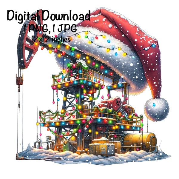 Christmas Oil Rig Drilling Watercolor Santa Oilfield Clipart Oil Well PNG Commercial Use Oil Field Sublimation Oil Pump Clipart Oil Rig Life