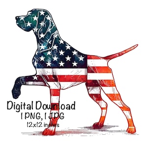 May include: A digital illustration of a dog silhouette with the American flag design. The dog is standing on its hind legs with its front legs raised. The image is 12x12 inches.