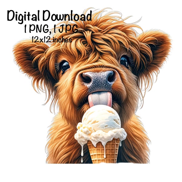 Highland Cow Sublimation PNG | Cute Ice Cream & Cow png | Funny Baby Cow PNG | Digital Download | Milk Cow | Scottish Cow PNG | Farm Cow png