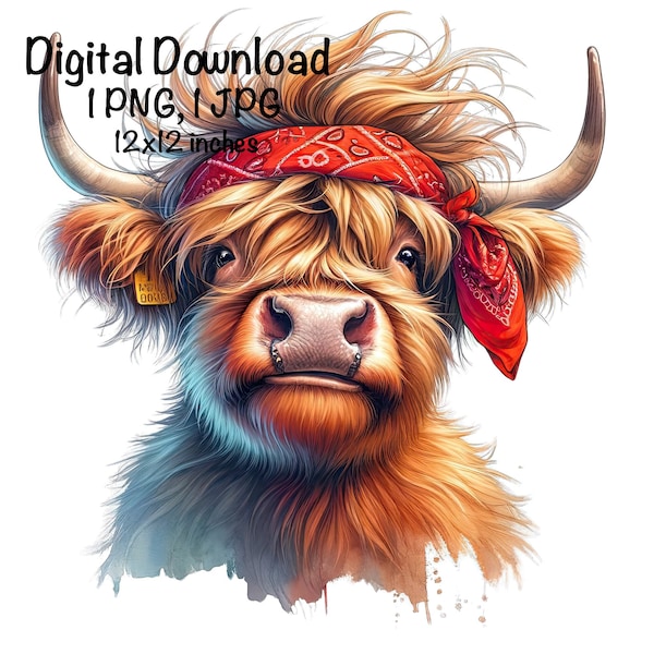 Highland Cow Watercolor Clipart Cute Highland Cow Funny Baby Cow PNG Commercial Use Scottish Cow Graphic Design Illustration Print PNG