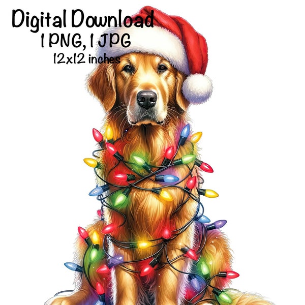 Christmas Golden Retriever Dog PNG Christmas Lights Santa Retriever Sublimation Cute Dog Adult Retriever Dog Santa Dog Christmas Gifts PNG