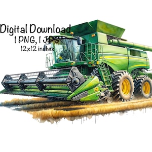 May include: A green and black combine harvester in a field of wheat. The combine is a large piece of farm equipment used to harvest grain.