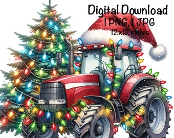 May include: A red tractor with a Santa hat and Christmas lights, decorated with a Christmas tree. The tractor is 12x12 inches.