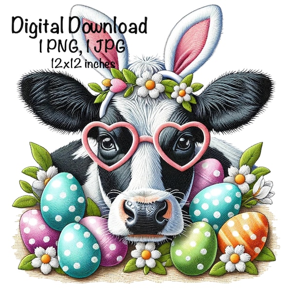 Easter Dairy Cow Embroidery PNG, Easter Cow PNG, Digital Download Faux Embroidery Cow Easter Eggs Cow Sublimation png Farm Milk Holstein Cow