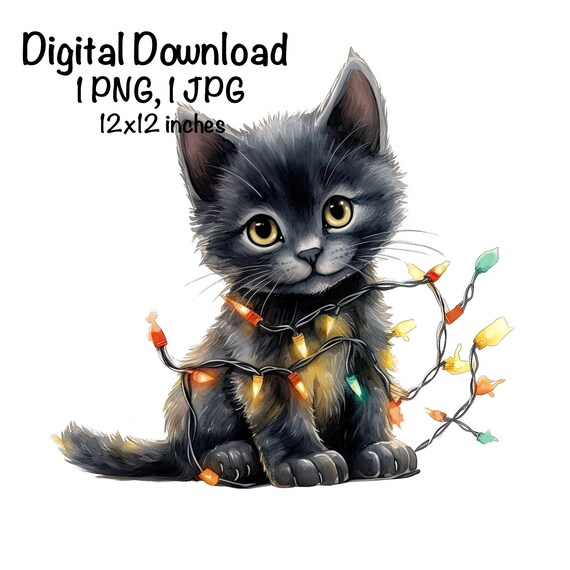 Christmas Black Cat PNG Sublimation Design, Merry Christmas Png, Christmas Animal Png, Funny Cat Tangled Lights Cat Png, Digital Download