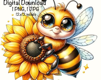Honeybee, Cute Bee clipart, Honey Bee Animals Bee PNG, Bee Sunflower PNG Adorable Bee Sublimation Bee Printable Cute Insects Animals Bee