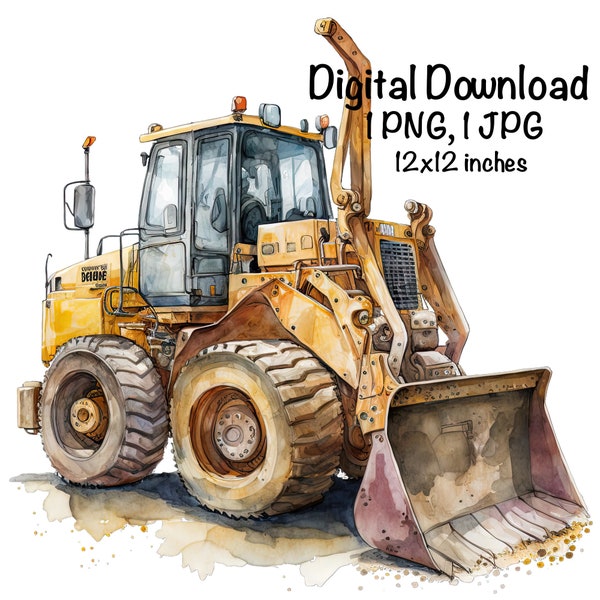 Bulldozer Loader Watercolor, Construction Trucks Boys Clipart Nursery Décor Loader Truck PNG Commercial Use Vehicle Watercolor Illustration