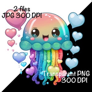 May include: A cartoon rainbow jellyfish with a smiling face and big eyes. The jellyfish is surrounded by pink and blue hearts. The text "2 files JPG 300 DPI" is in the top left corner of the image. The text "Transparent PNG 300 DPI" is in the bottom right corner of the image.