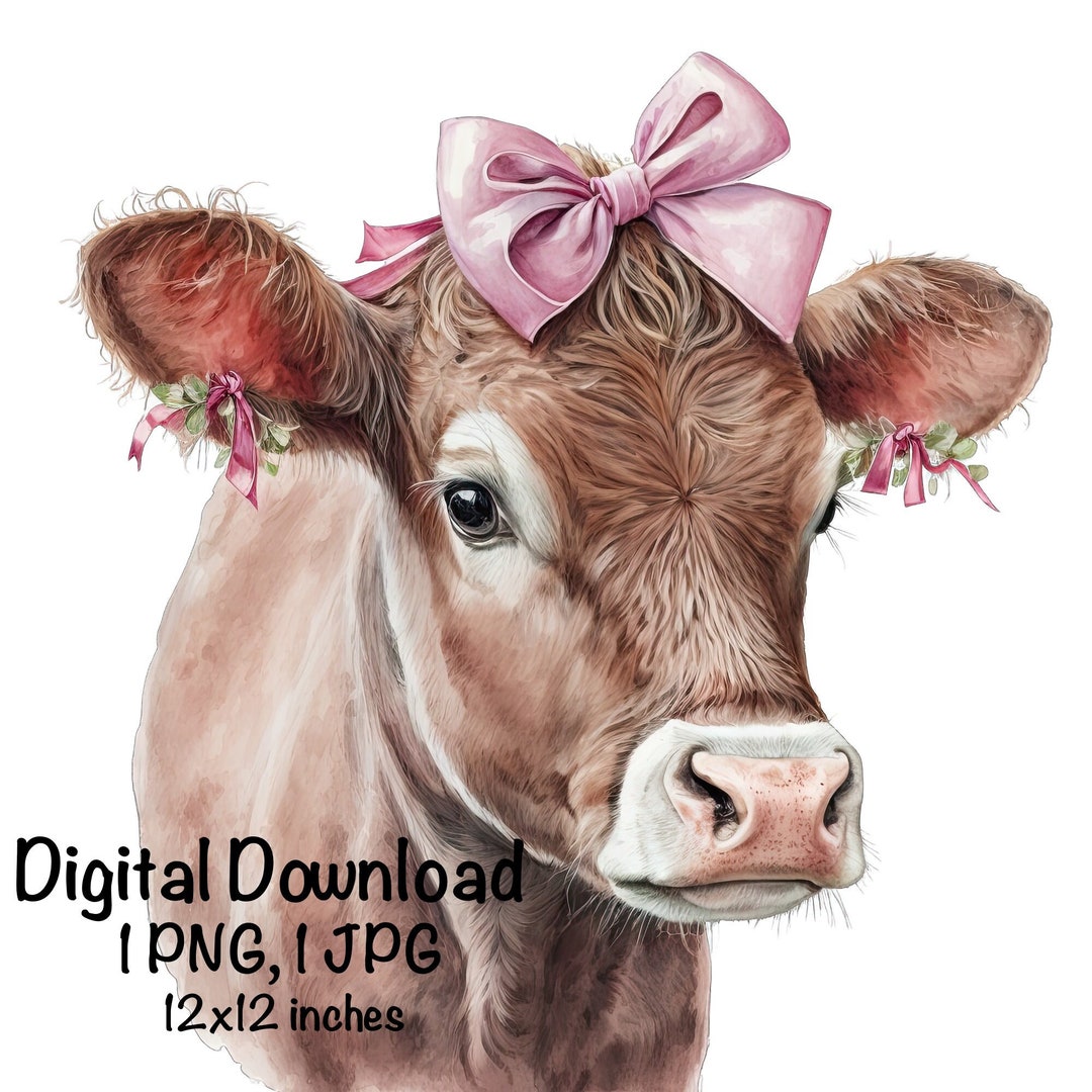 Cute Cow Watercolor Clipart Dairy Cow & Pink Bow PNG Commercial Use