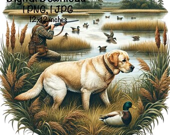 Marsh Duck Hunting Sublimation PNG Yellow Labrador Dog PNG Commercial Use Hunting Dog Duck Hunter Marsh Labrador Dog PNG Illustration Print
